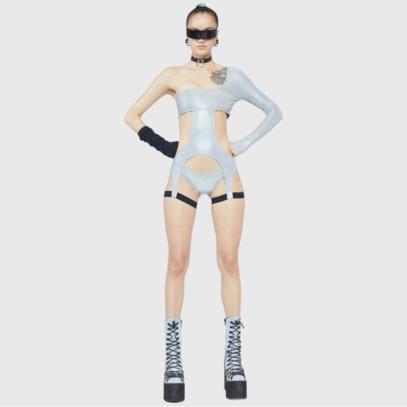 NWT Dolls Kill Reflective Strappy Cutout Garter Bodysuit With Panty Rave Set - Picture 12 of 13